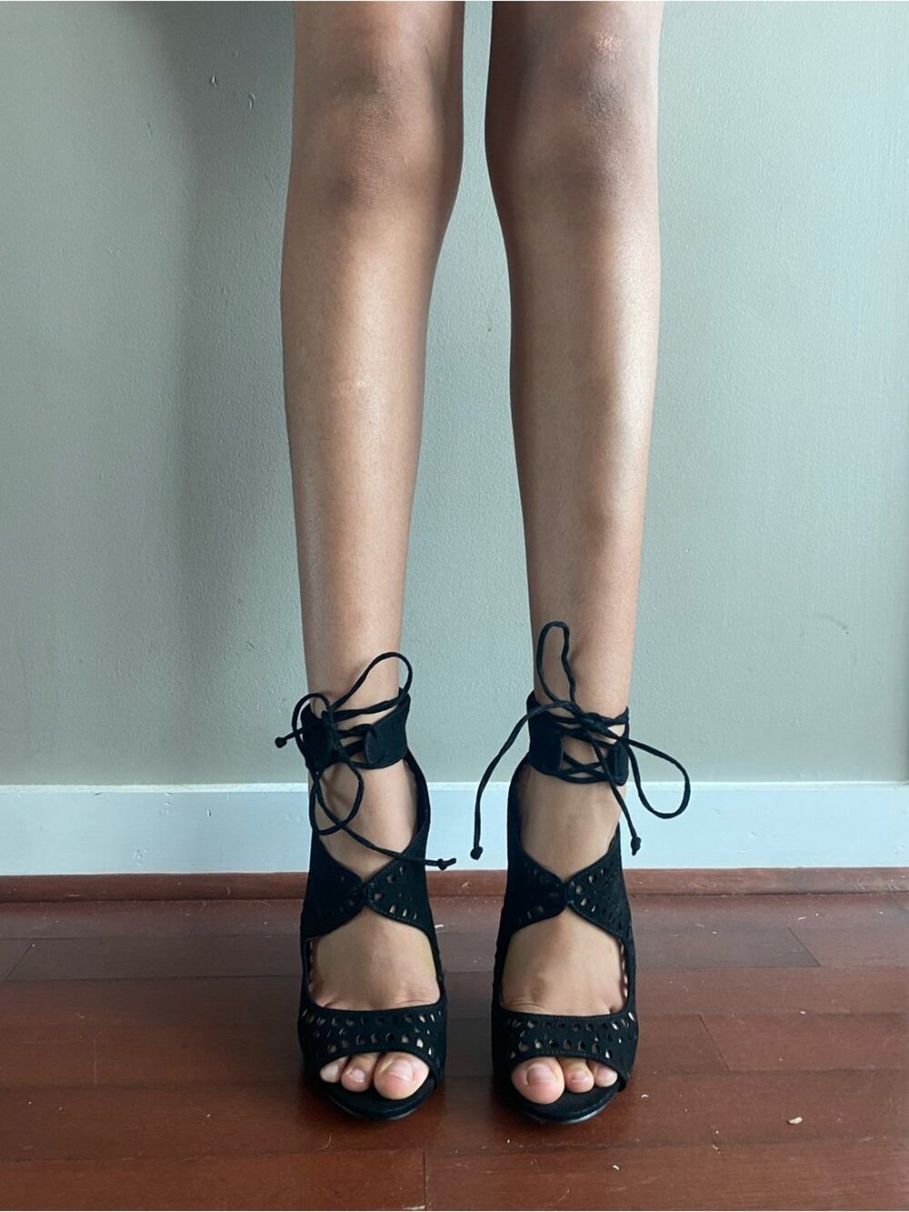 JustFab Black Lace-Up Peep Toe Heels